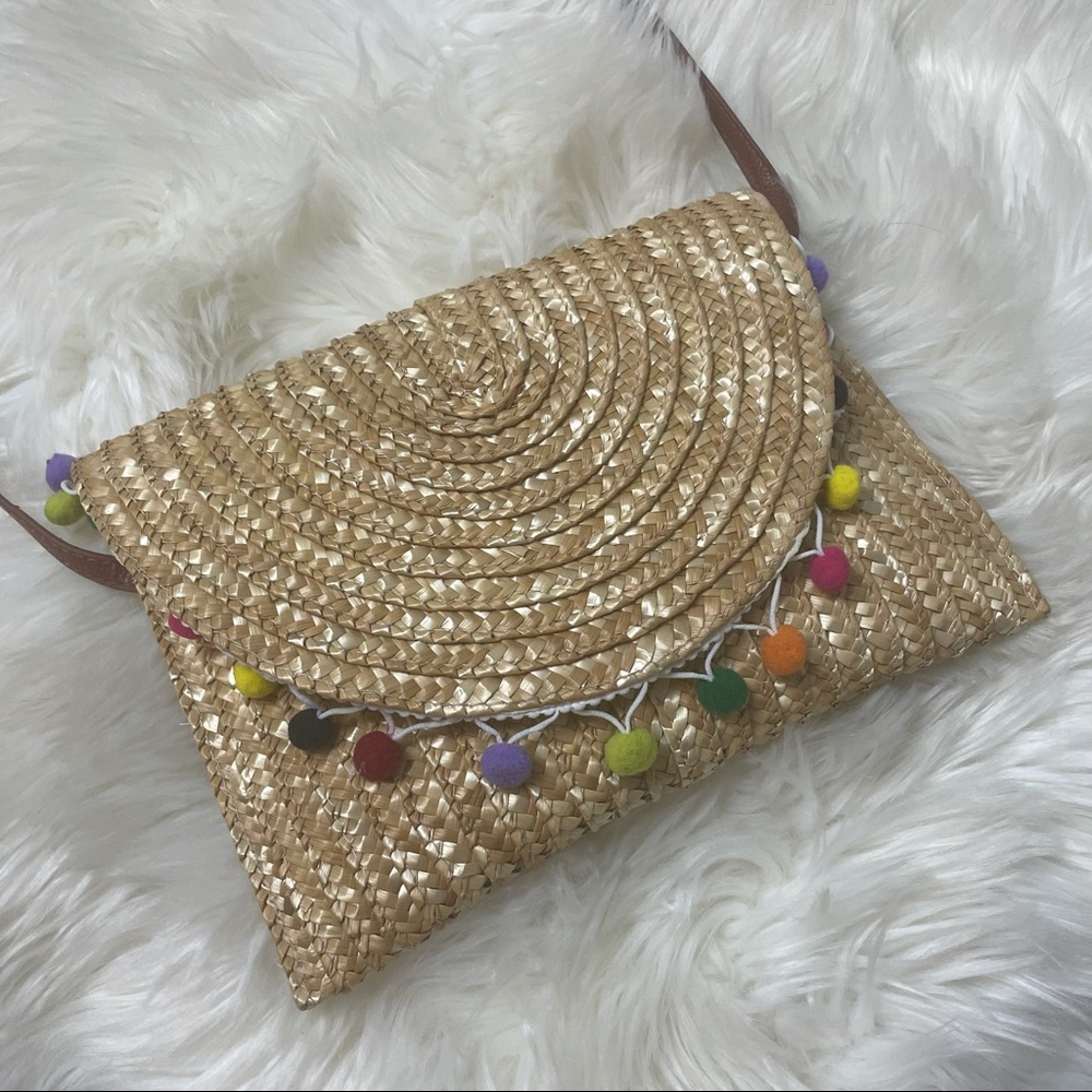 Straw Bag with Pom Poms